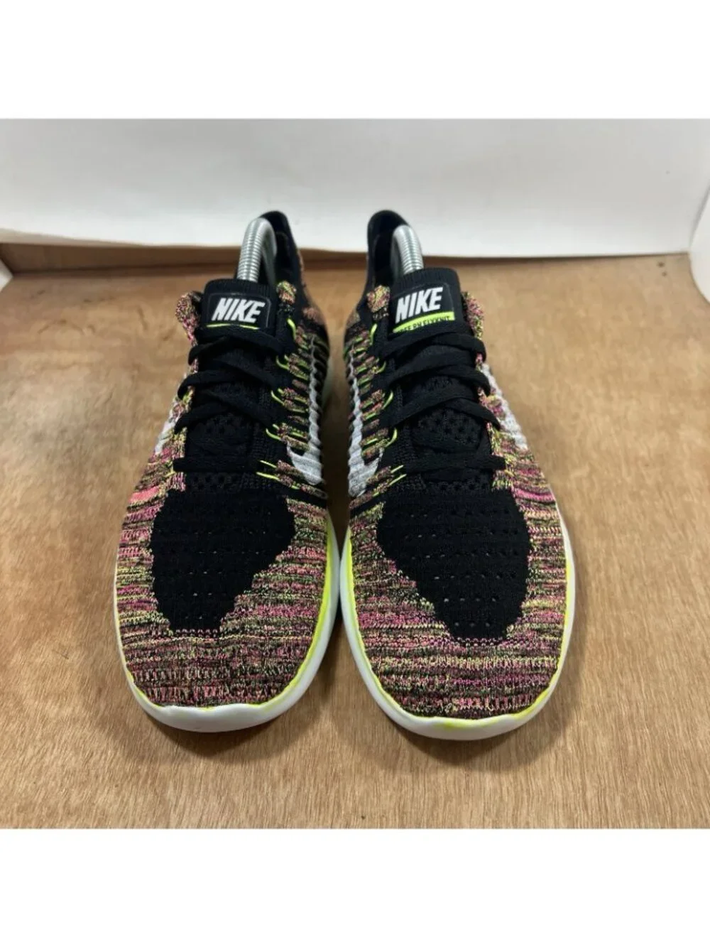 Nike Free RN Flyknit Running Shoes Size 10 Black Neon Green Pink 843431-999